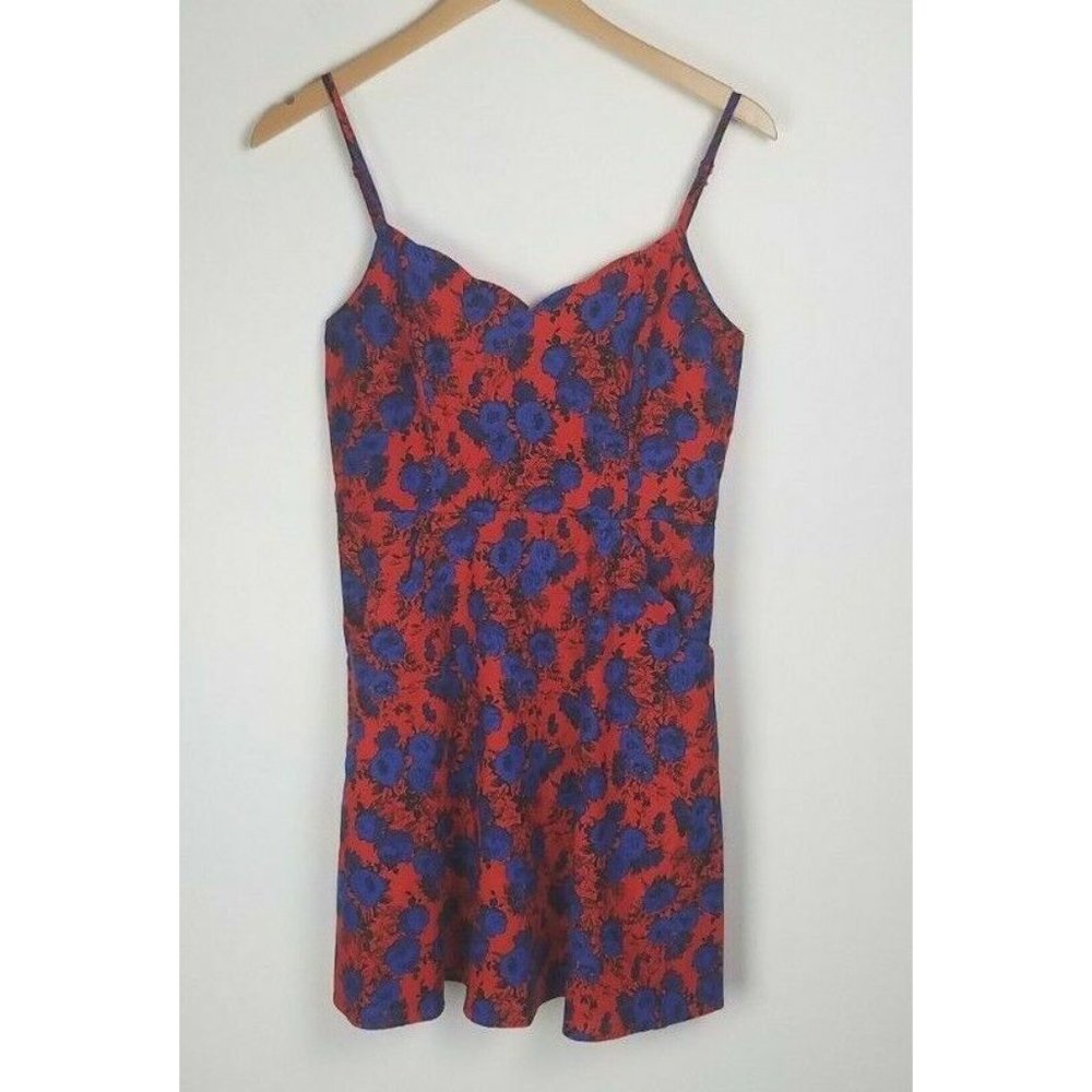 Market & Spruce Sz. S Blue & Red Floral Short Dress Scalloped Edging W/ Pockets